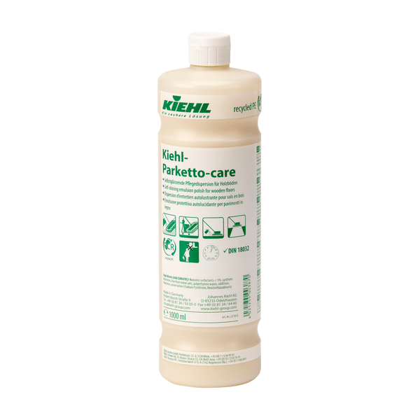 Plastová láhev o objemu 1 000 ml Kiehl Parketto-care Samoleštící pečující disperze na dřevěné podlahy od Johannes Kiehl KG je opatřena zeleno-bílou etiketou, piktogramy pro parketové podlahy, návodem a šroubovacím uzávěrem.