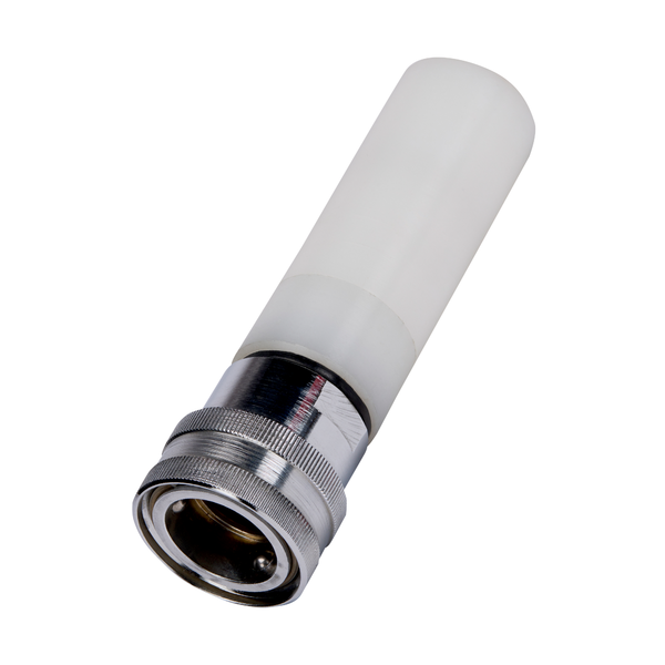 Detailní záběr na kovový a bílý plastový adaptér Johannes Kiehl KG z Kiehl pěnového nástavce pro LW FOC stříkací trysku (1 kus), izolovaný na bílém pozadí.