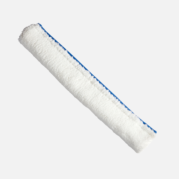 Abgebildet ist ein weißer, rechteckiger Johannes Kiehl KG Lösungsmittelbeständiger Bezug für Wischwiesel (40 cm, 1 Stück) mit blauer Naht auf einfarbigem hellem Hintergrund.