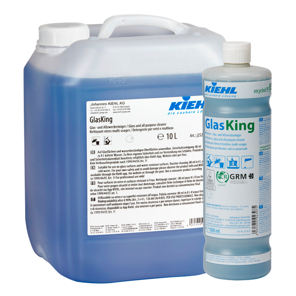 Modrý, průsvitný desetilitrový kontejner a jednolitrová láhev čističe oken, skla a víceúčelového čističe Kiehl GlasKing od Johannes Kiehl KG, oba s bílými etiketami s textem a logy.