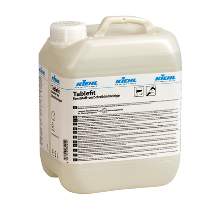 Bílý 5litrový plastový kontejner čističe plastů a stolů Kiehl Tablefit od společnosti Johannes Kiehl KG s uzávěrem na šroub a velkou etiketou produktu s německým textem a různými symboly.