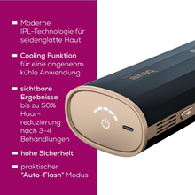 Detailní záběr zařízení Beurer IPL pro odstranění chloupků IPL 7800 COOL PRO od Beurer GmbH v černé a zlaté barvě. Zařízení je zobrazeno z perspektivy, aby vyniklo tlačítko zapnutí, chladicí funkce a režim „Auto-Flash“. Německý text kolem zařízení popisuje jeho moderní IPL světelnou technologii a její výhody.