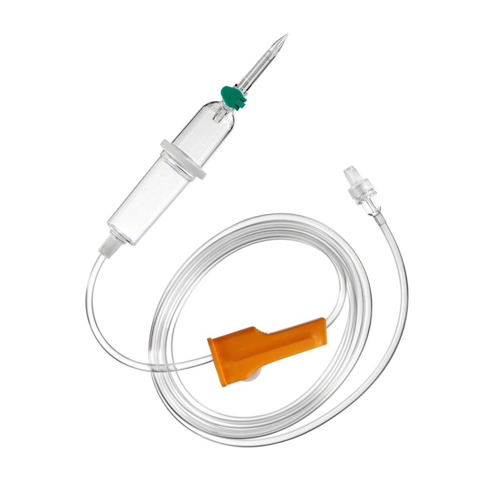 Sada intravenózní infuze Intrafix® Primeline 150 cm od B. Braun Deutschland GmbH & Co. KG nabízí přesné podávání léků s průhlednou komorou, zeleným hrotem pro zavádění tekutin, oranžovým regulátorem průtoku a koncovým konektorem. Obsahuje spirálovou hadici s pokročilým filtrem částic pro větší bezpečnost.