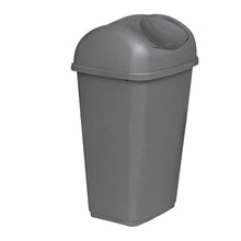 Šedý plastový odpadkový koš Novocal, 15 litrů s kývavým víkem, zobrazený na bílém pozadí.