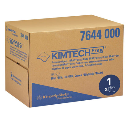 Hnědá krabice Kimberly-Clark GmbH s nápisem "Kimtech® Prozeßwischtücher - BRAG™ Box / Blau" obsahuje 160 modrých utěrek pro průmyslové čištění, s informacemi o produktu v různých jazycích na kartonu.