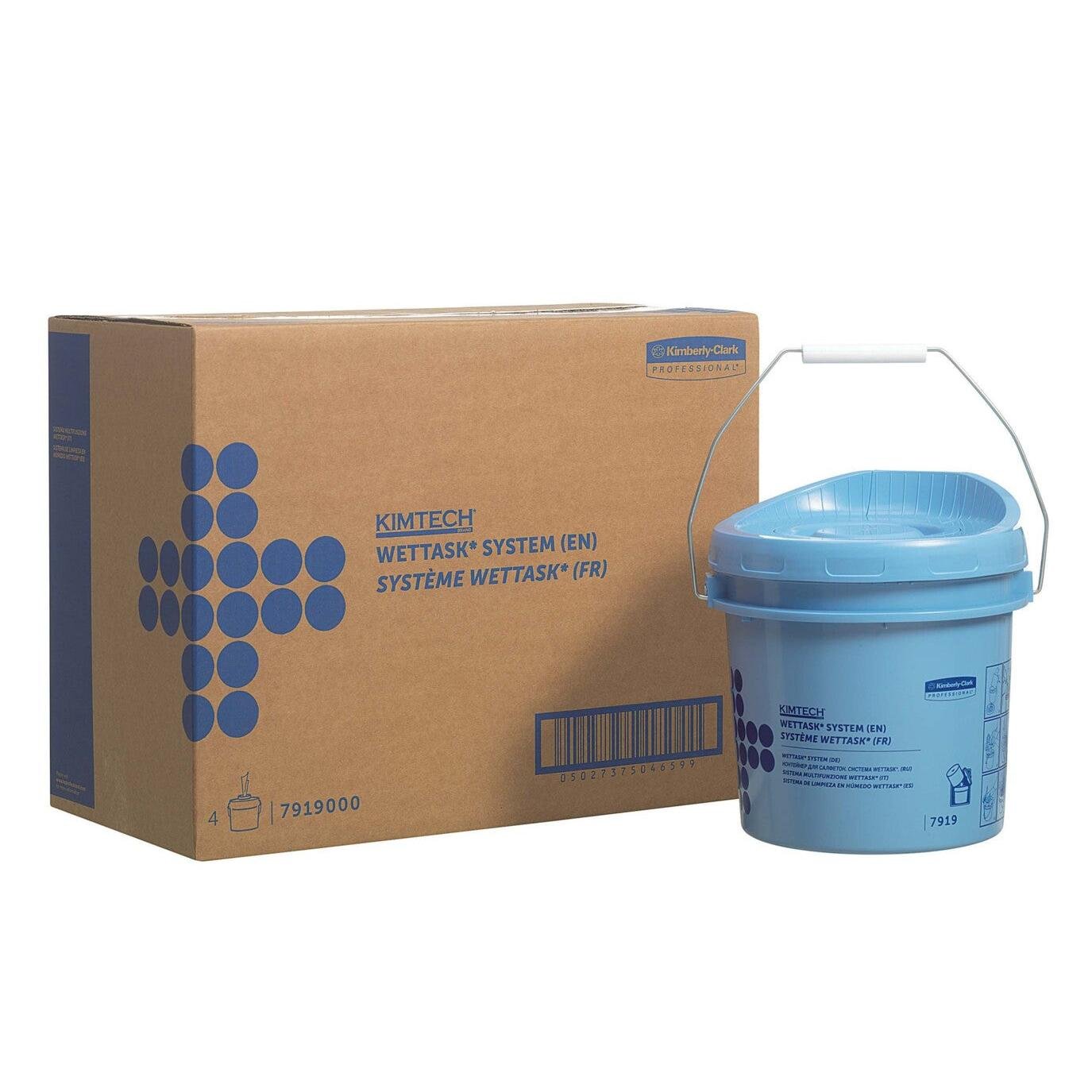 Modrý Kimtech® Wettask™ zásobník na utěrky a hnědá krabice, oba od společnosti Kimberly-Clark GmbH, jsou zobrazeny s produktovými informacemi a modrou grafikou - ideální pro řešení zásobníků na utěrky. Každá krabice obsahuje 4 modré zásobníky.