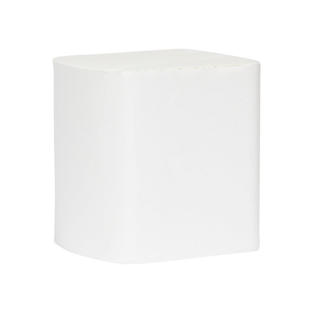 Jednoduchá bílá krychle se zaoblenými hranami, která připomíná Hostess™ NATURA toaletní papír systém jednotlivých listů (32 balení x 500 listů, Bílý) od společnosti Kimberly-Clark GmbH, na bílém pozadí.