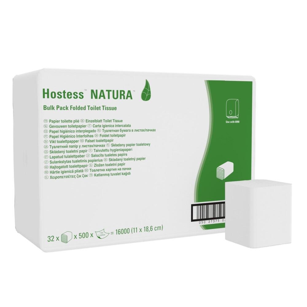 Bílý obal s nápisem "Hostess™ NATURA toaletní papír - systém jednotlivých listů / Bílý / 500" od společnosti Kimberly-Clark GmbH zobrazuje informace o produktu, zelený úsek, obrázek složených kapesníků a čárový kód. Vpředu je to ekologický toaletní papír.