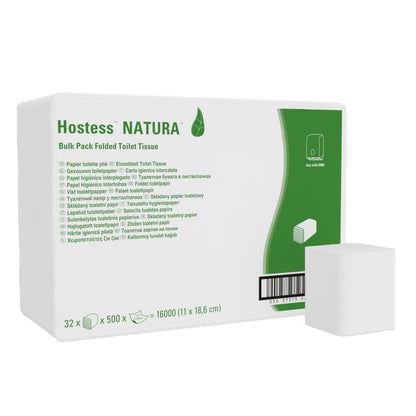 Bílý obal s nápisem "Hostess™ NATURA toaletní papír - systém jednotlivých listů / Bílý / 500" od společnosti Kimberly-Clark GmbH zobrazuje informace o produktu, zelený úsek, obrázek složených kapesníků a čárový kód. Vpředu je to ekologický toaletní papír.