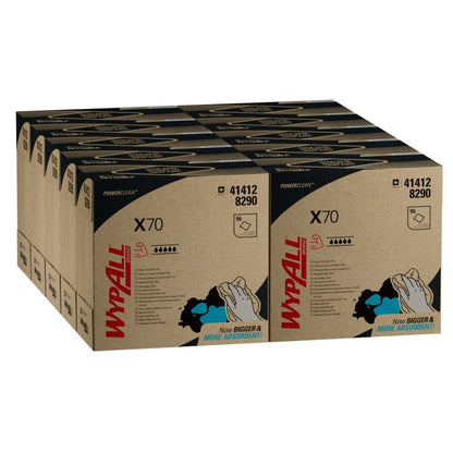 Stoh kartonů Kimberly-Clark GmbH WypAll® X70 PowerClean - Zupfbox / Modrá (10 x 100 listů na karton), označené jako profesionální čisticí ubrousky, s červenými a modrými akcenty a produktovými informacemi na panelech, uspořádané ve třech řadách.