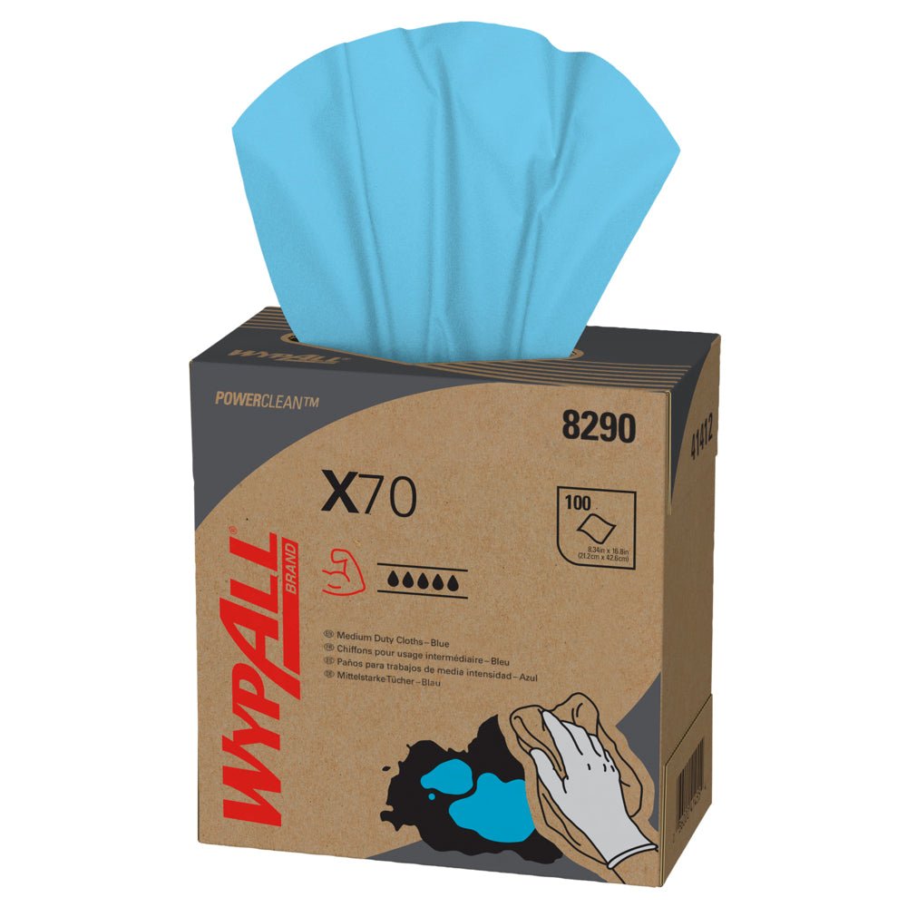 Karton s nápisem "WypAll® X70 PowerClean - Zupfbox / Modrá" od Kimberly-Clark GmbH poskytuje modré čisticí ubrousky, ukazuje produktové informace a ruku k otření rozlité kapaliny - ideální pro profesionální úklid. Sada: 10 x 100 ubrousků na karton.