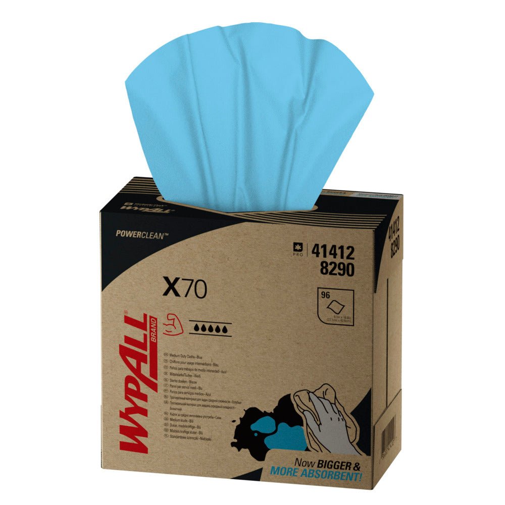 Karton s 10 krabicemi WypAll® X70 PowerClean Zupfbox, modrá, po 100 listech, od Kimberly-Clark GmbH. Karton ukazuje branding a detaily - perfektní pro profesionální úklidové požadavky.