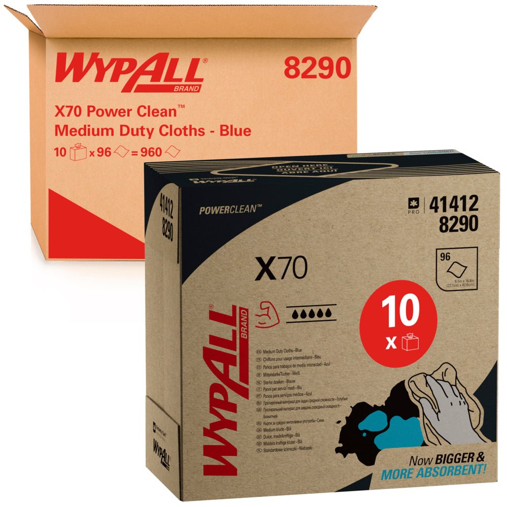 Dvě WypAll® X70 PowerClean Zupfboxy (Kimberly-Clark GmbH), jedna otevřená a jedna zavřená, jasně ukazují na svém modrém obalu název produktu, množství 10 x 100 listů a branding.