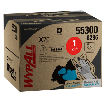 Krabice WypAll® X70 PowerClean BRAG™ Box od společnosti Kimberly-Clark GmbH obsahuje krabici s 200 bílými ubrousky. Na kartonu jsou obrázky ubrousků, které nasávají modrou kapalinu, a vlastnosti produktu.