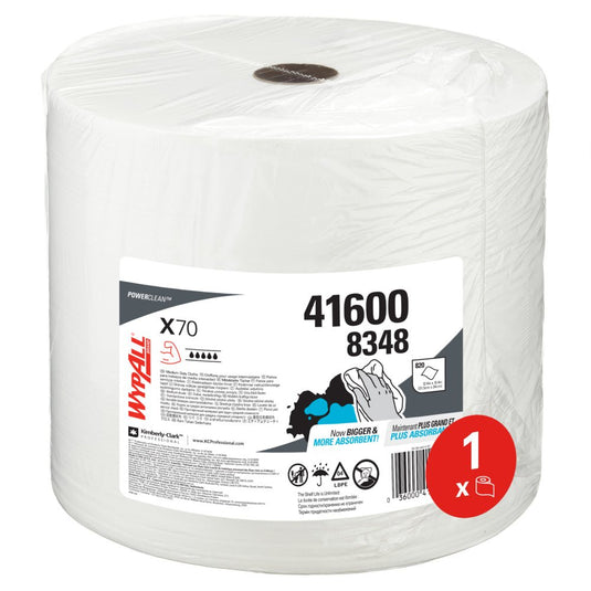 Velká role WypAll® X70 PowerClean v bílé barvě od společnosti Kimberly-Clark GmbH (1 role × 870 listů, č. výrobku 41600 8348) je balena v průhledném plastovém obalu a je ideální pro průmyslové čištění.