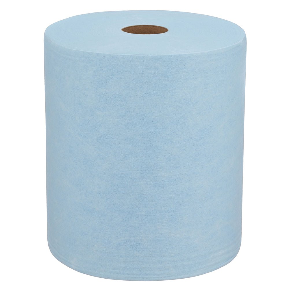 Velká modrá role WypAll® X60 General Clean od Kimberly-Clark GmbH (1 role x 500 listů) s hnědým jádrem stojí vzpřímeně na bílém pozadí, ideální pro profesionální úklidové úkoly.