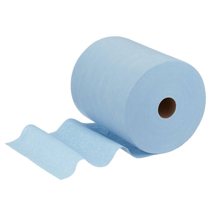 Velká role WypAll® X60 General Clean (modrá, 1 role x 500 listů) od Kimberly-Clark GmbH je zobrazena s několika rozvinutými listy. Viditelné papírové jádro zdůrazňuje vhodnost pro profesionální úklidové úkoly.