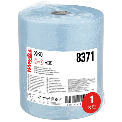 Velká role WypAll® X60 General Clean v modré barvě od Kimberly-Clark GmbH (1 role x 500 utěrek) je zabalena v plastu, má číslo 8371, produktové informace a ikony - ideální pro profesionální úklid; štítek s červeným kruhem "1 x".
