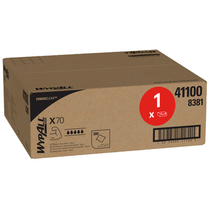 Eine weiße Schachtel mit der Aufschrift WypAll® X70 PowerClean von Kimberly-Clark GmbH (1 Box x 300 Blatt) enthält industrielle Reinigungstücher. Ein roter Kreis hebt 1 Packung hervor, mit einer Abbildung, die die gefalteten Blätter im Inneren zeigt.