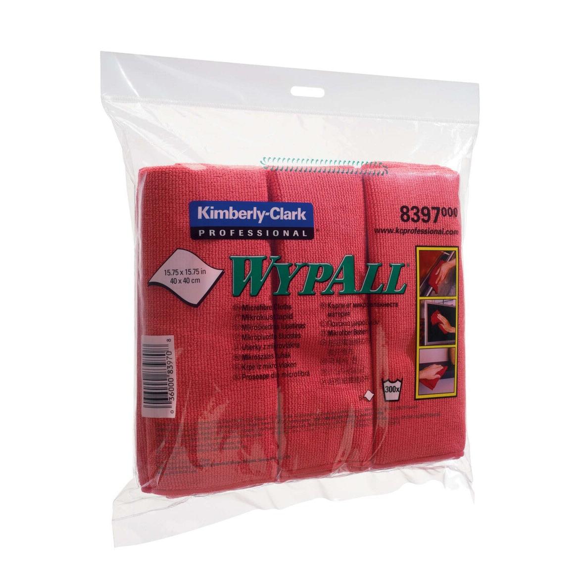 Eine durchsichtige Kunststoffverpackung von WypAll® Mikrofasertücher - flaches Tuch (40 x 40 cm) von Kimberly-Clark GmbH, die rote Tücher enthält. Auf der Verpackung sind Produktangaben, die Artikelnummer 8397 und Reinigungsabbildungen für jedes Mikrofasertuch abgebildet.