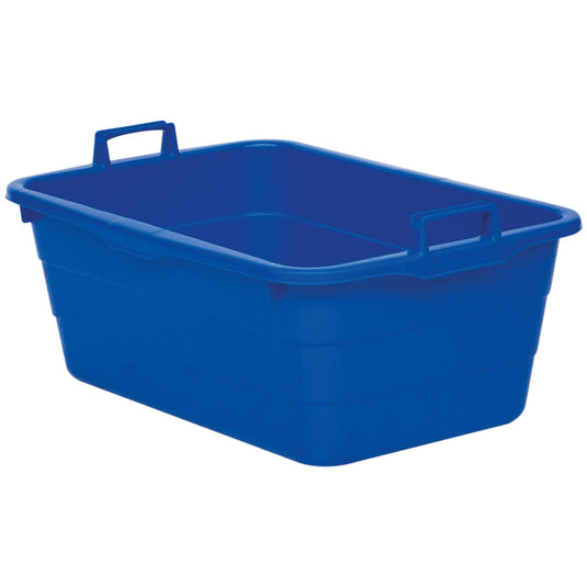 Modrá plastová vana značky Novocal (90 litrů, 750 x 490 x 310 mm) se dvěma úchyty, po jednom na každé z kratších stran. Tato robustní úložná vana je prázdná a je vyobrazena na bílém pozadí. Značka: Novocal.