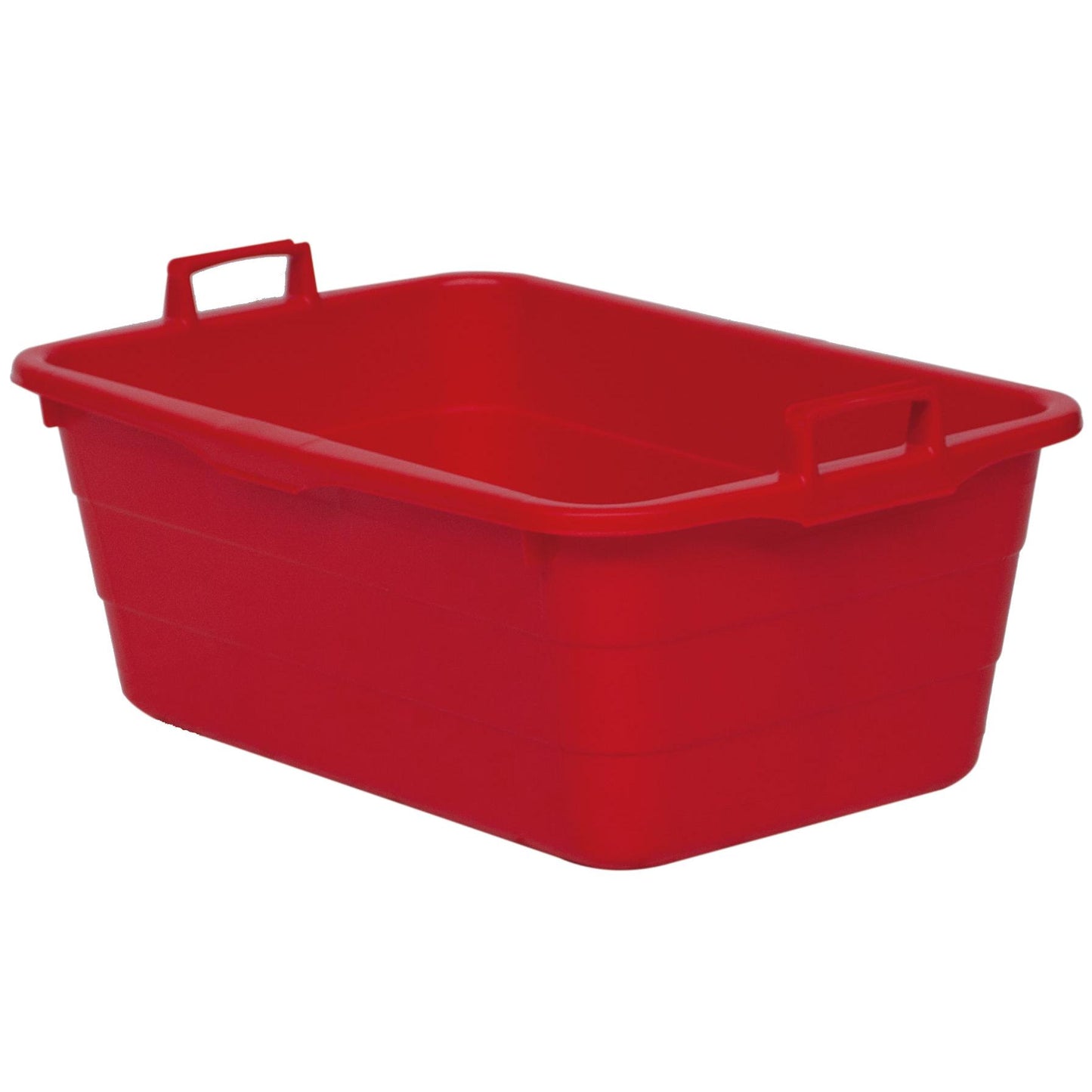 Na obrázku je červená plastová vana Novocal, objem 90 l, rozměry 750 x 490 x 310 mm se dvěma protilehlými úchyty, na bílém pozadí.