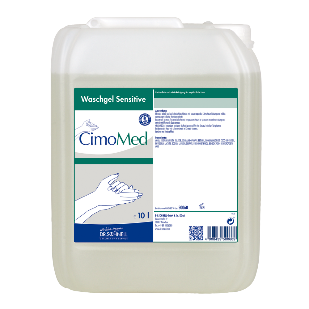 Průhledná nádoba o objemu 10L s nápisem "Dr. Schnell CIMOMED mycí gel na ruce, bez parfemace a barviv, pro čištění pokožky" od DR.SCHNELL GmbH & Co. KGaA s obrázky rukou a podrobným návodem; ideální pro citlivou pokožku.