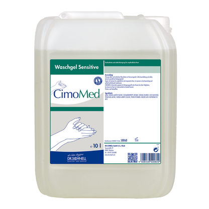 Průhledná nádoba o objemu 10L s nápisem "Dr. Schnell CIMOMED mycí gel na ruce, bez parfemace a barviv, pro čištění pokožky" od DR.SCHNELL GmbH & Co. KGaA s obrázky rukou a podrobným návodem; ideální pro citlivou pokožku.