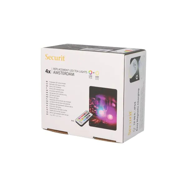 Papstar Securit® 4 LED čajové svíčky náhradní balení Ø 4 cm x 5 cm "Amsterdam" doba svícení 12-40 hodin