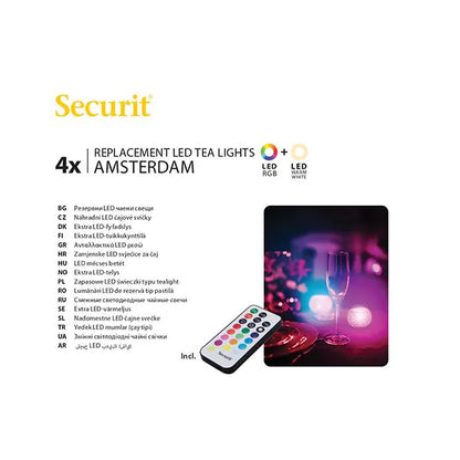 Papstar Securit® 4 LED čajové svíčky náhradní balení Ø 4 cm x 5 cm "Amsterdam" doba svícení 12-40 hodin