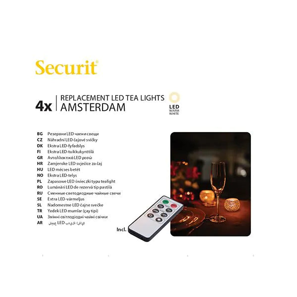 Papstar Securit® 4 LED čajové svíčky náhradní balení Ø 4 cm x 5 cm "Amsterdam" doba svícení 12-40 hodin