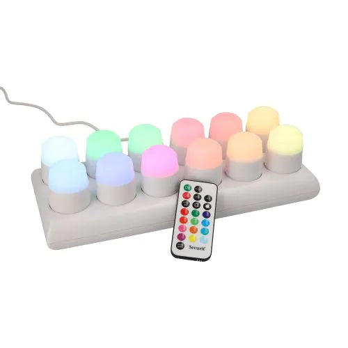 Papstar Securit® 12 LED čajových svíček vč. nabíjecí stanice Ø 4 cm x 5 cm "Amsterdam" doba svícení 12-40 hodin