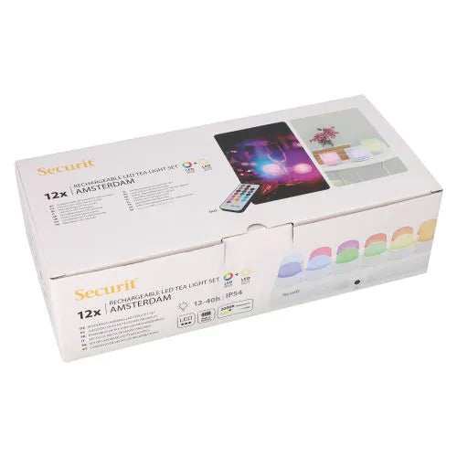 Papstar Securit® 12 LED čajových svíček vč. nabíjecí stanice Ø 4 cm x 5 cm "Amsterdam" doba svícení 12-40 hodin