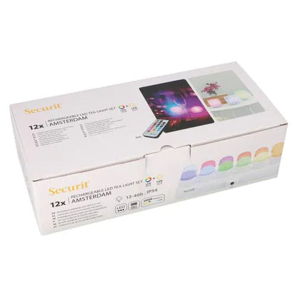 Papstar Securit® 12 LED čajových svíček vč. nabíjecí stanice Ø 4 cm x 5 cm "Amsterdam" doba svícení 12-40 hodin