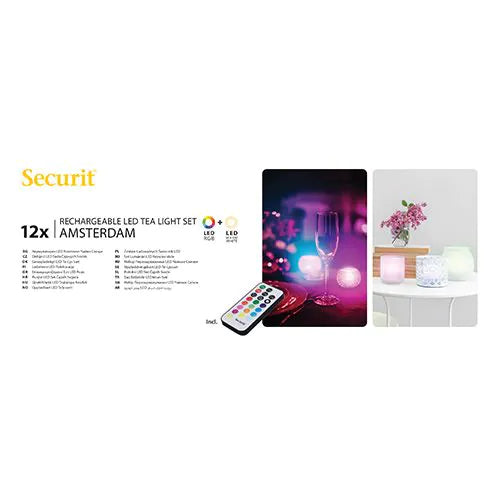 Papstar Securit® 12 LED čajových svíček vč. nabíjecí stanice Ø 4 cm x 5 cm "Amsterdam" doba svícení 12-40 hodin