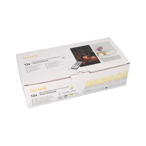 Papstar Securit® 12 LED čajových svíček vč. nabíjecí stanice Ø 4 cm x 5 cm "Amsterdam" doba svícení 12-40 hodin