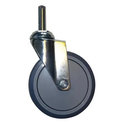 Jedno otočné kolečko Novocal s lehkým chodem a čepem (Ø 150 mm), ideální pro třídicí regálové vozíky nebo stojany na pláště, s kovovým držákem a šedým gumovým vnějším kroužkem, zobrazené na bílém pozadí. Balení: 1 kus.