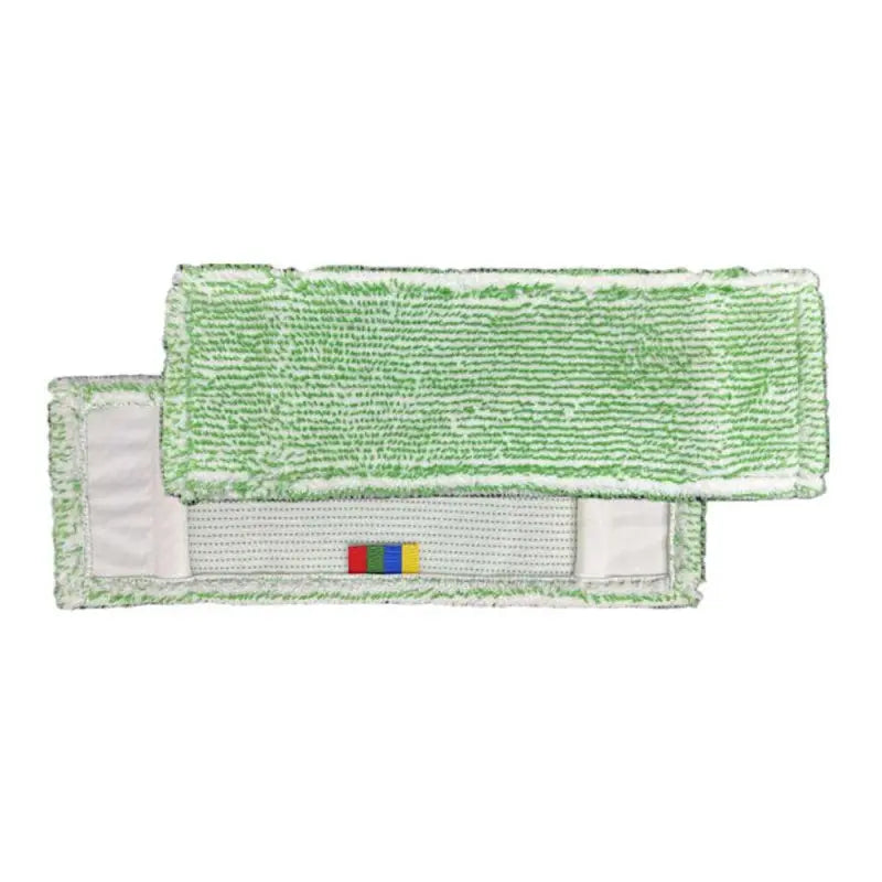 Abgebildet sind zwei Arcora Excellent Green-White Db-Fc Mopp-Pads von Arcora International GmbH. Eine hat eine Netzunterseite mit weißen Bändern und mehrfarbigen Anhängern zur einfachen Identifizierung und Sortierung.