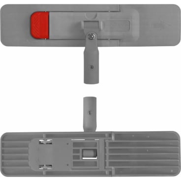 Dva pohledy na výprodejový produkt: Arcora standardní skládací držák šedý 40 cm od Arcora International GmbH: Nahoře je vidět červené tlačítko, dole struktura a upevňovací oblast, oba s centrálním úchytem pro čistící příslušenství.