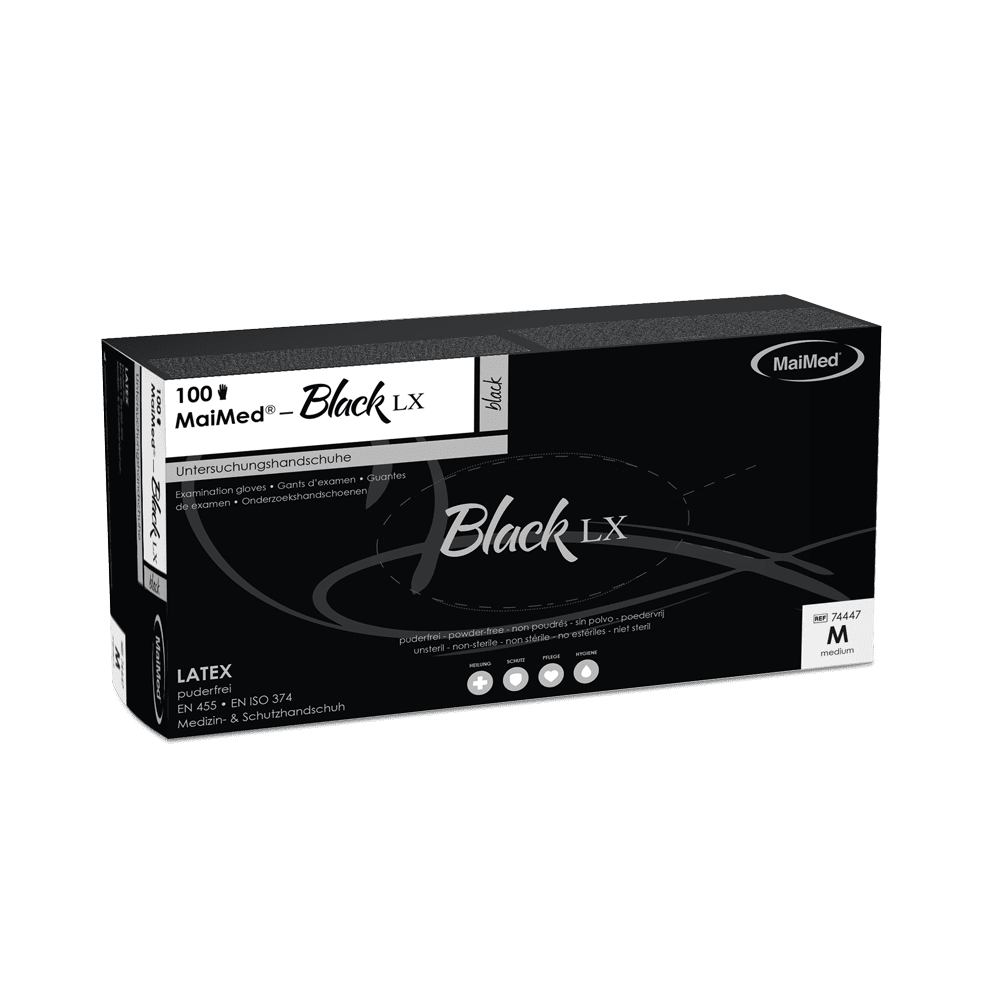 MaiMed-Black LX PF jednorázové latexové vyšetřovací rukavice, bez pudru, 100 kusů/krabice