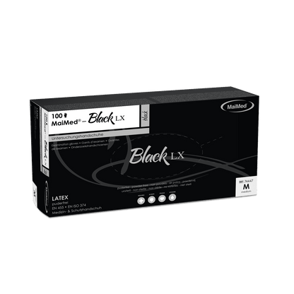 MaiMed-Black LX PF jednorázové latexové vyšetřovací rukavice, bez pudru, 100 kusů/krabice