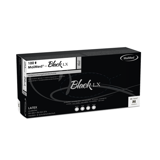 MaiMed-Black LX PF jednorázové latexové vyšetřovací rukavice, bez pudru, 100 kusů/krabice