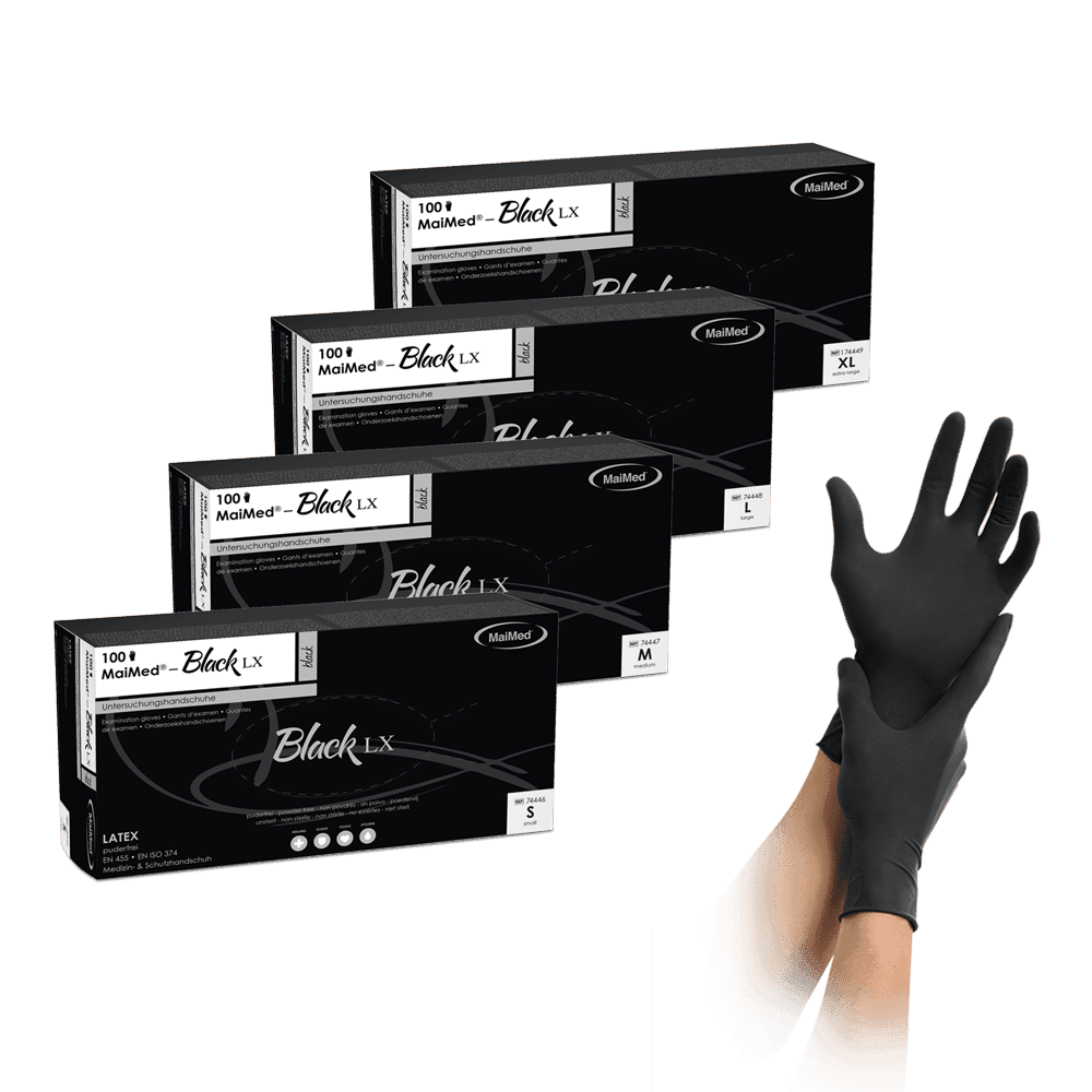 MaiMed-Black LX PF jednorázové latexové vyšetřovací rukavice, bez pudru, 100 kusů/krabice