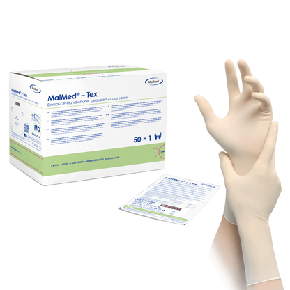 MaiMed-Tex sterilní, lehce pudrované latexové chirurgické rukavice 50 párů/krabice