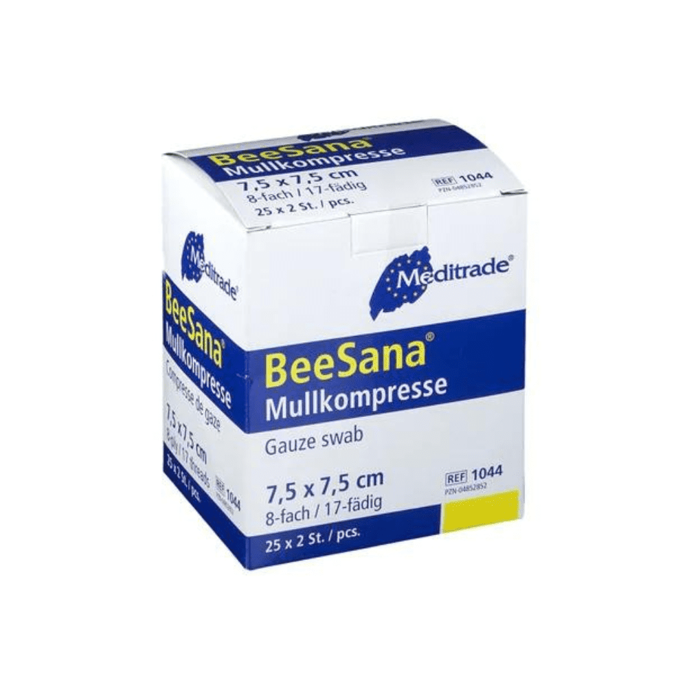 Krabička Meditrade BeeSana® Mullkompresse, jednoduše sterilní, 8-vrstvé mulové tampony od Meditrade GmbH, velikost 7,5 x 7,5 cm, s modro-bílým balením s textem v
