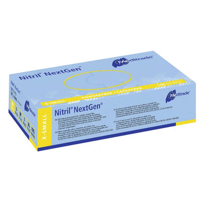 Krabice Meditrade Nitrilové rukavice NextGen® extra malé jednorázové rukavice od Meditrade GmbH. Balení je převážně modré a žluté s textem a logy.
