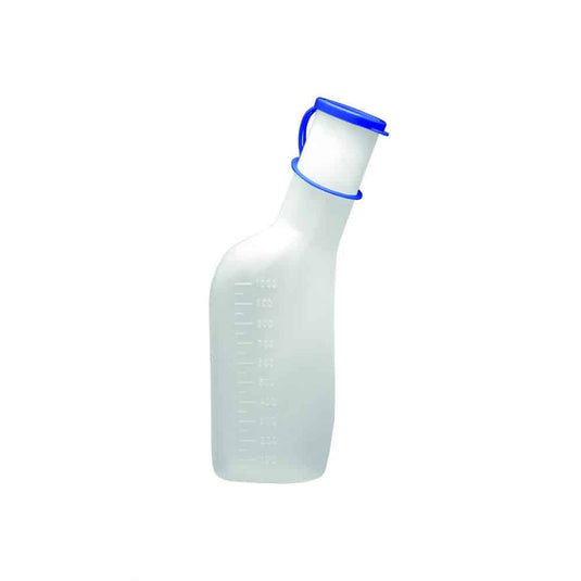 Láhev na moč pro muže od společnosti Meditrade GmbH je průhledná plastová láhev s modrým uzávěrem a ergonomickým držadlem. Má objem 1000 ml, na jedné straně má měrné rysky a vyznačuje se snadnou manipulací. Držák na láhev na moč je k dostání samostatně.