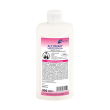 Eine weiße 500-ml-Plastikflasche Meditrade Alcoman® Händedesinfektionsmittel der Meditrade GmbH mit einem rosa-weißen Etikett, auf dem Produktinformation, Gebrauchsanweisung, 500 ml Volumen und viruzide Wirkung gegen MRSA angegeben sind.