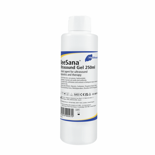 Láhev ultrazvukového gelu Meditrade BeeSana®, 250 ml, označená jako lubrikant pro ultrazvuková vyšetření. Na etiketě jsou uvedeny podrobnosti o produktu a symboly pro dodržování zákonných předpisů.