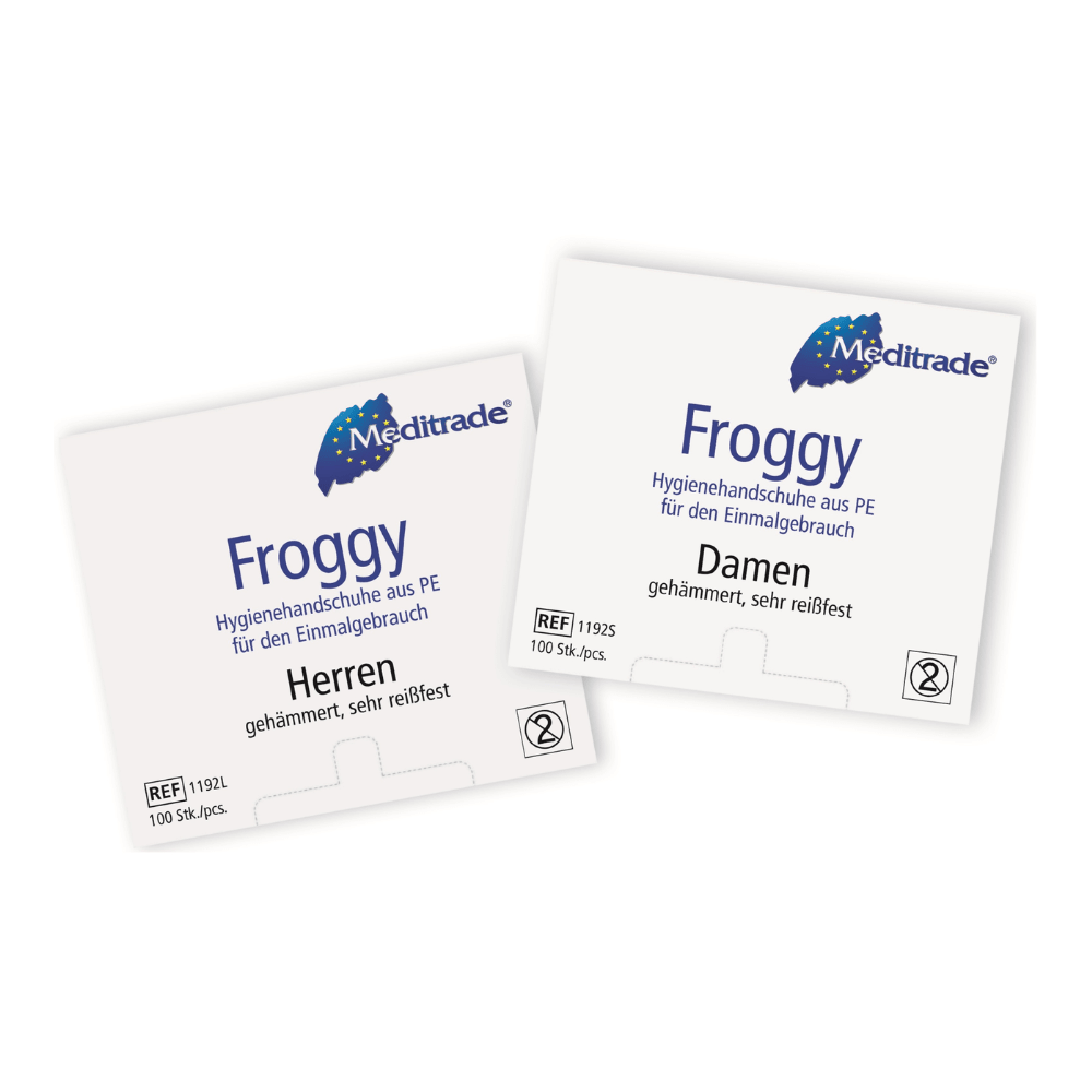 Dvě balení jednorázových rukavic Meditrade Froggy (hygienické rukavice), jedno s etiketou pro muže a jedno pro ženy, s logem žáby a německým textem o hygieně rukavic.